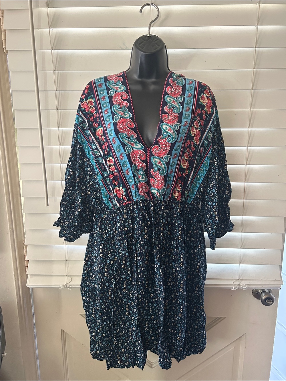 Floral Boho V-Neck Mini Dress in Navy and Teal